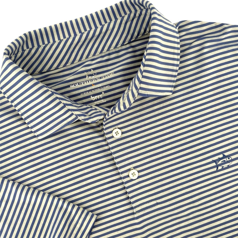 Southern Tide Mens Brrr Performance Polo Shirt Blue Striped Short Sleeve Large